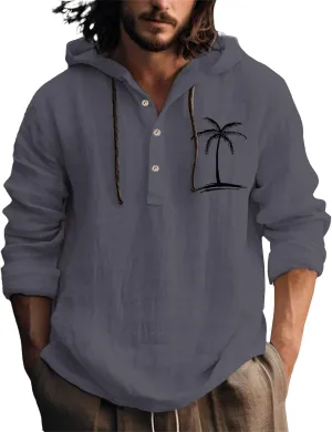 Linen Button Down Coconut Tree Pattern Printed Hooded Shirt Casual Summer Vacation Beach Long Sleeve Tees with Hooded