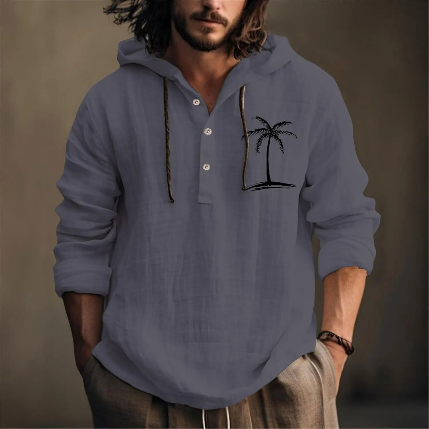 Linen Button Down Coconut Tree Pattern Printed Hooded Shirt Casual Summer Vacation Beach Long Sleeve Tees with Hooded