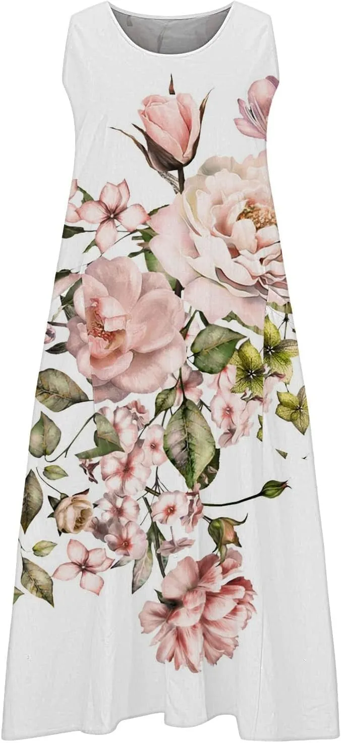 Linen Dress Summer Dresses for Women Plus Size Beach Dress Casual Sundresses Sexy Sleeveless Dress Flowy Midi