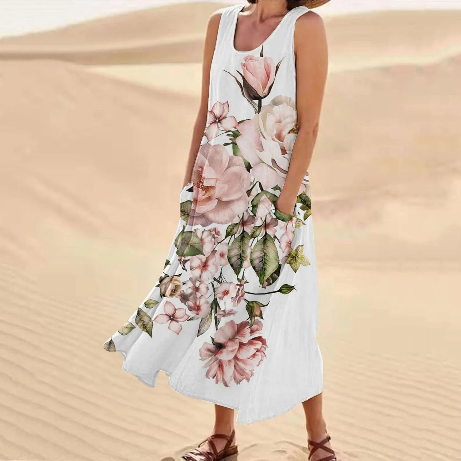 Linen Dress Summer Dresses for Women Plus Size Beach Dress Casual Sundresses Sexy Sleeveless Dress Flowy Midi