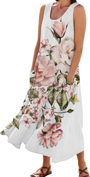 Linen Dress Summer Dresses for Women Plus Size Beach Dress Casual Sundresses Sexy Sleeveless Dress Flowy Midi