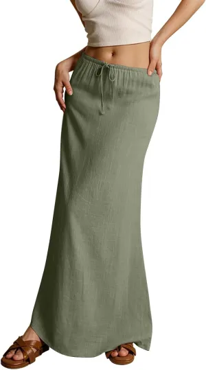Linen Maxi Skirts for Women Summer Beach Comfy Drawstring Waist A Line Skirts Vacation Boho Long Flowy Skirt