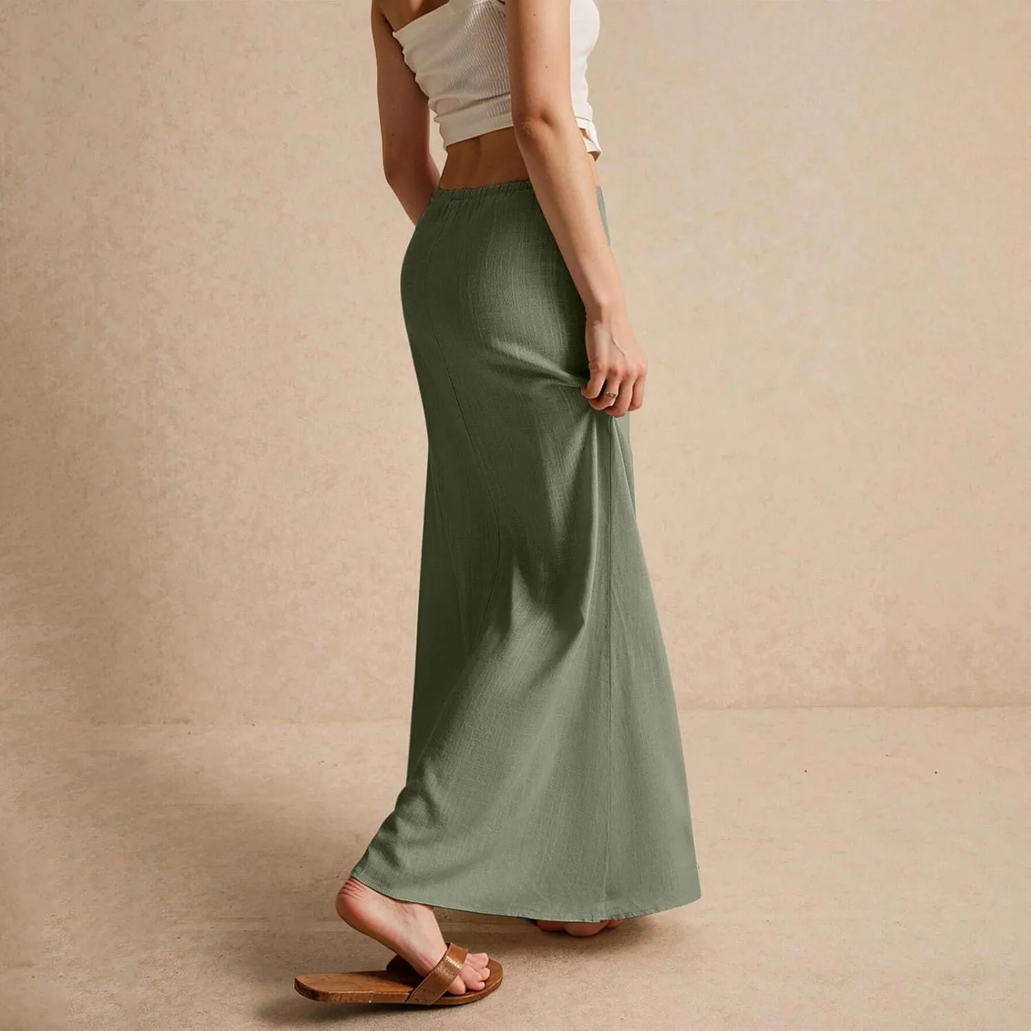 Linen Maxi Skirts for Women Summer Beach Comfy Drawstring Waist A Line Skirts Vacation Boho Long Flowy Skirt