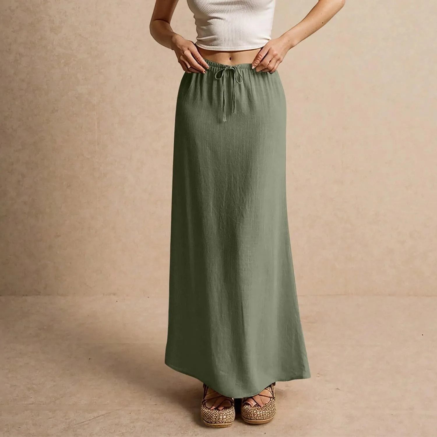 Linen Maxi Skirts for Women Summer Beach Comfy Drawstring Waist A Line Skirts Vacation Boho Long Flowy Skirt