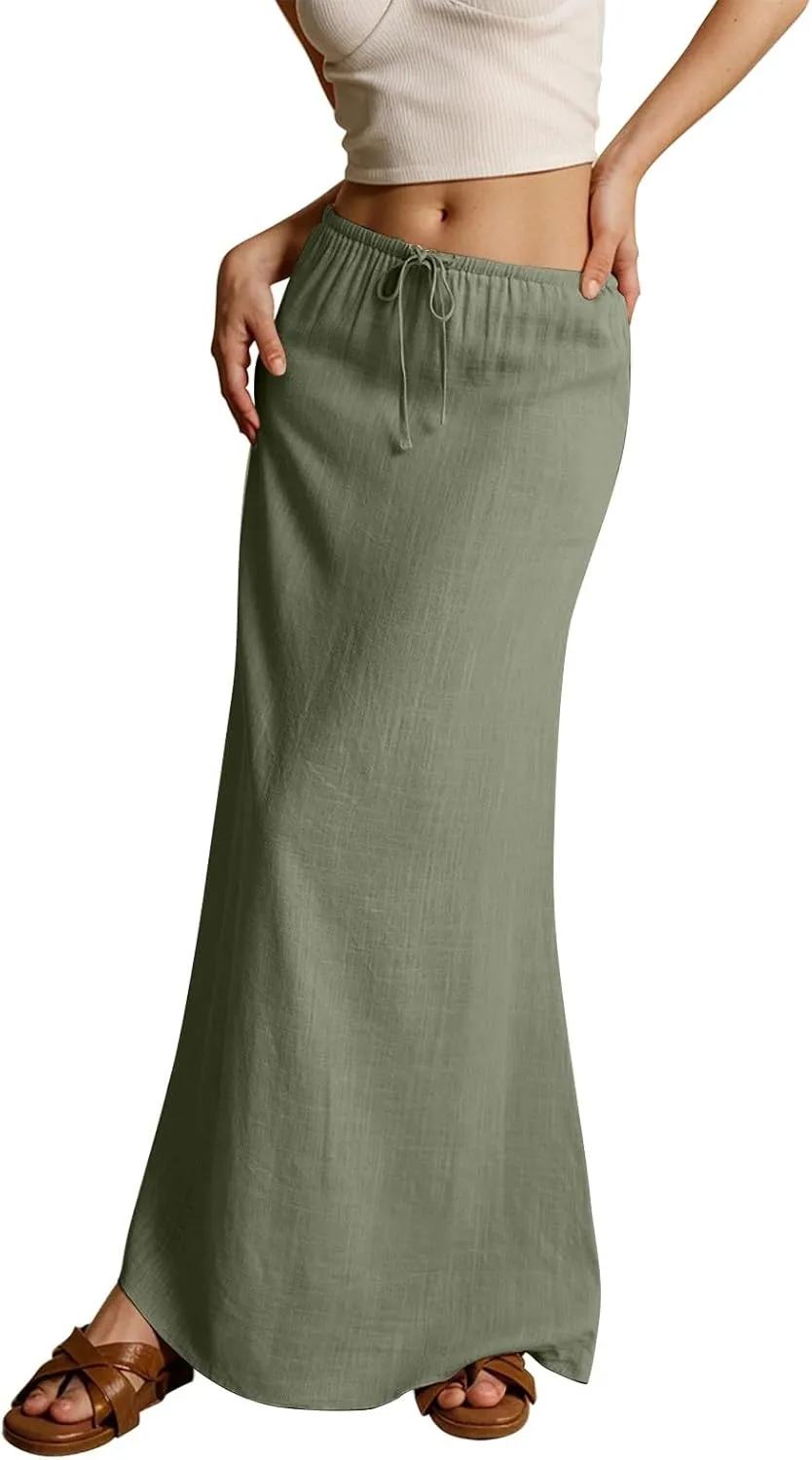 Linen Maxi Skirts for Women Summer Beach Comfy Drawstring Waist A Line Skirts Vacation Boho Long Flowy Skirt