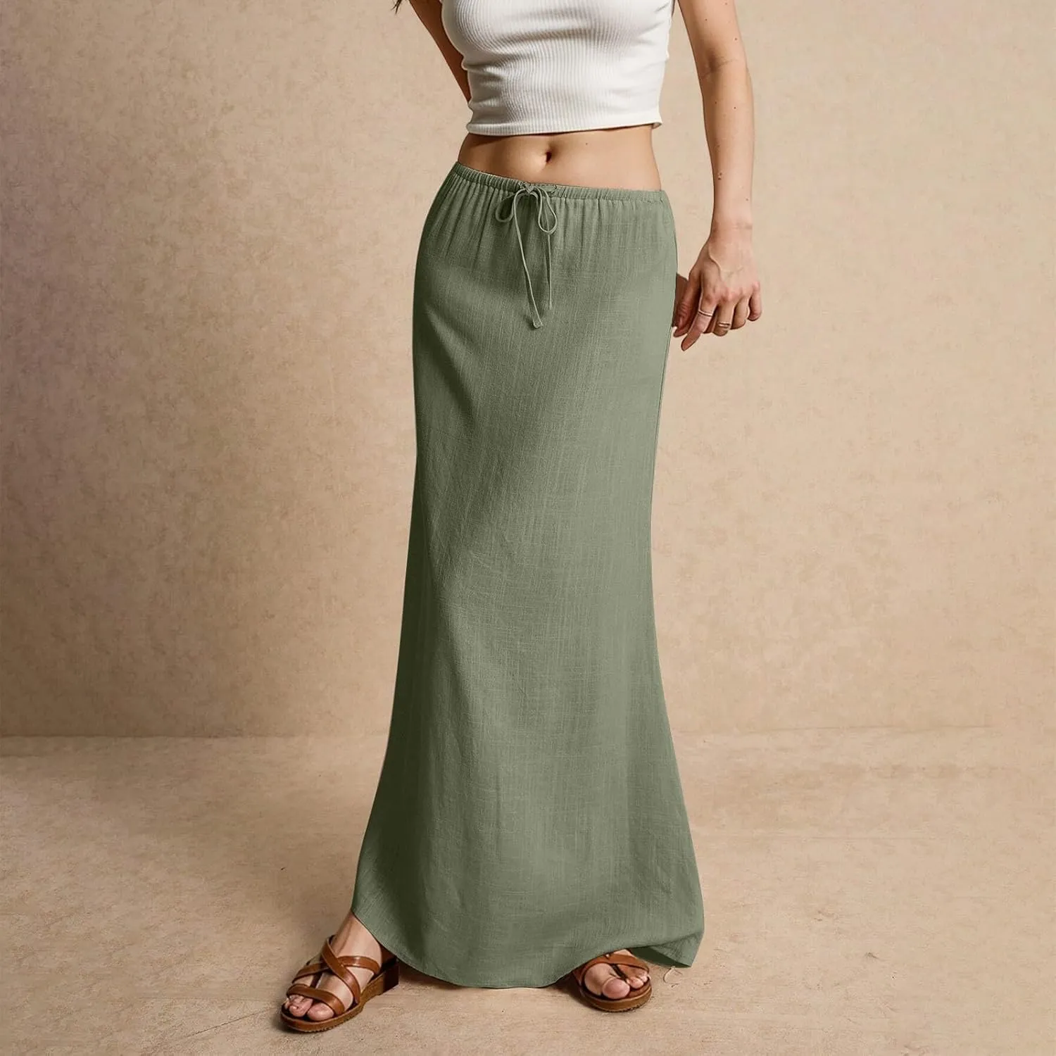 Linen Maxi Skirts for Women Summer Beach Comfy Drawstring Waist A Line Skirts Vacation Boho Long Flowy Skirt