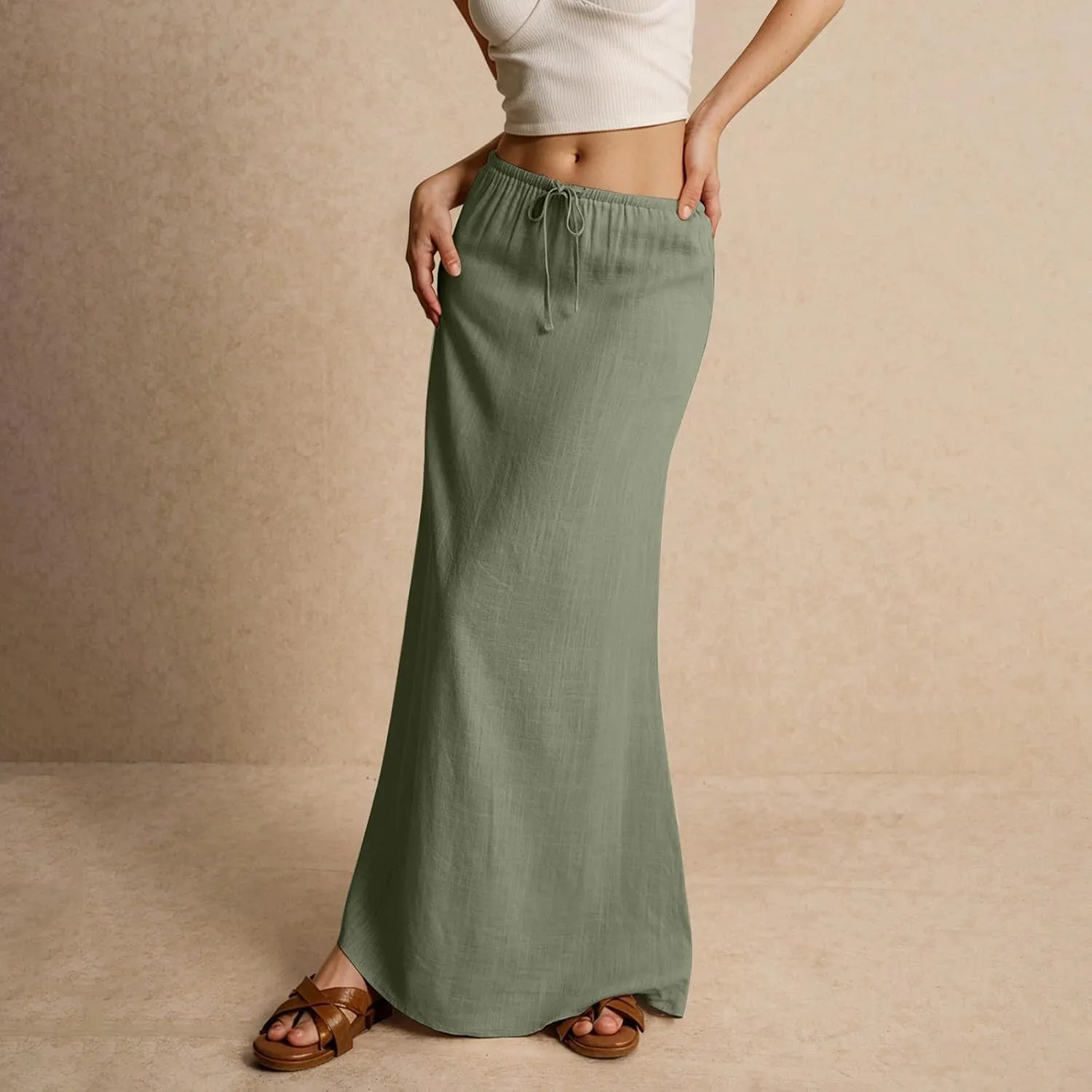 Linen Maxi Skirts for Women Summer Beach Comfy Drawstring Waist A Line Skirts Vacation Boho Long Flowy Skirt