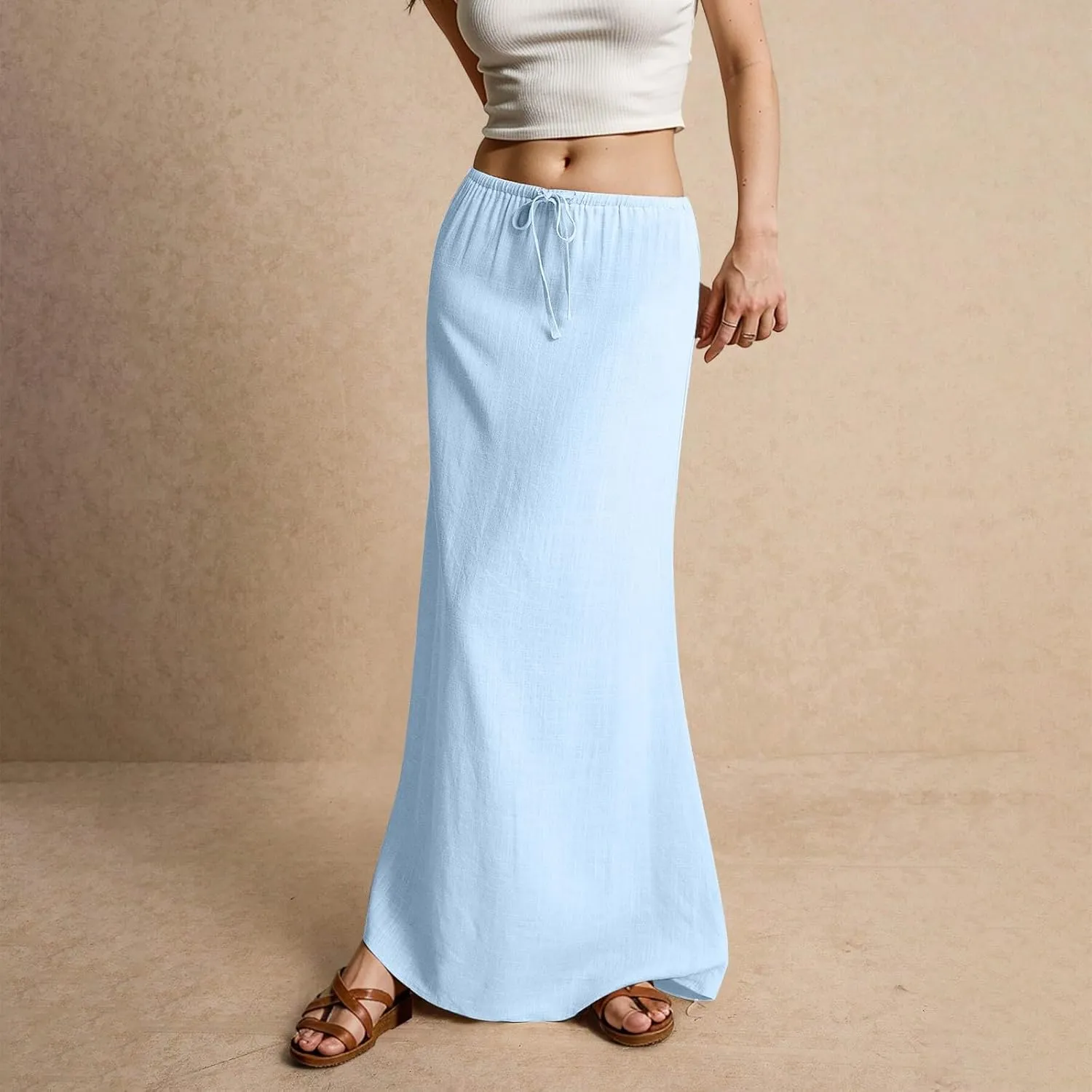 Linen Maxi Skirts for Women Trendy Summer Casual Drawstring Elastic Waist A Line Skirt Boho Beach Long Flowy Skirt