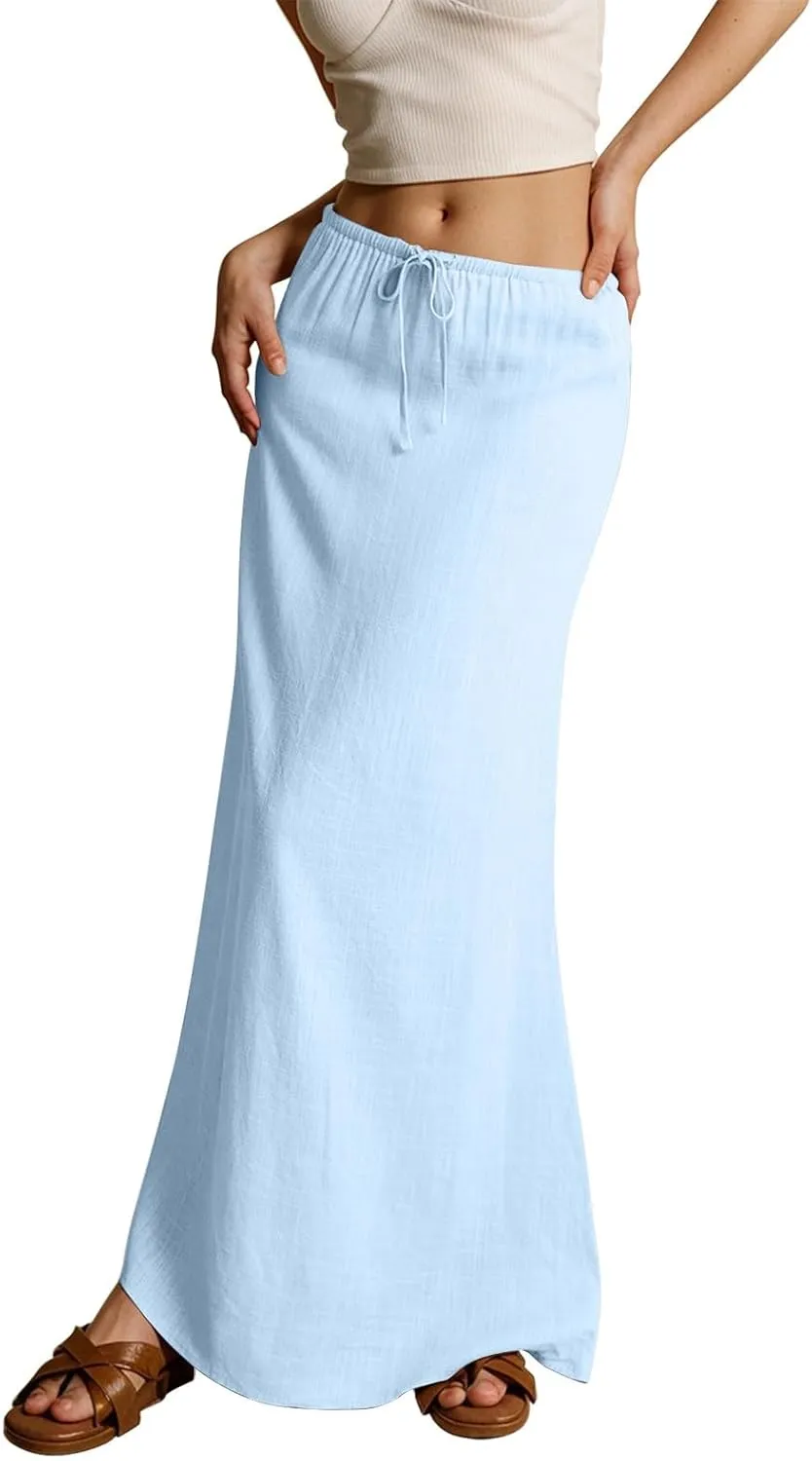 Linen Maxi Skirts for Women Trendy Summer Casual Drawstring Elastic Waist A Line Skirt Boho Beach Long Flowy Skirt