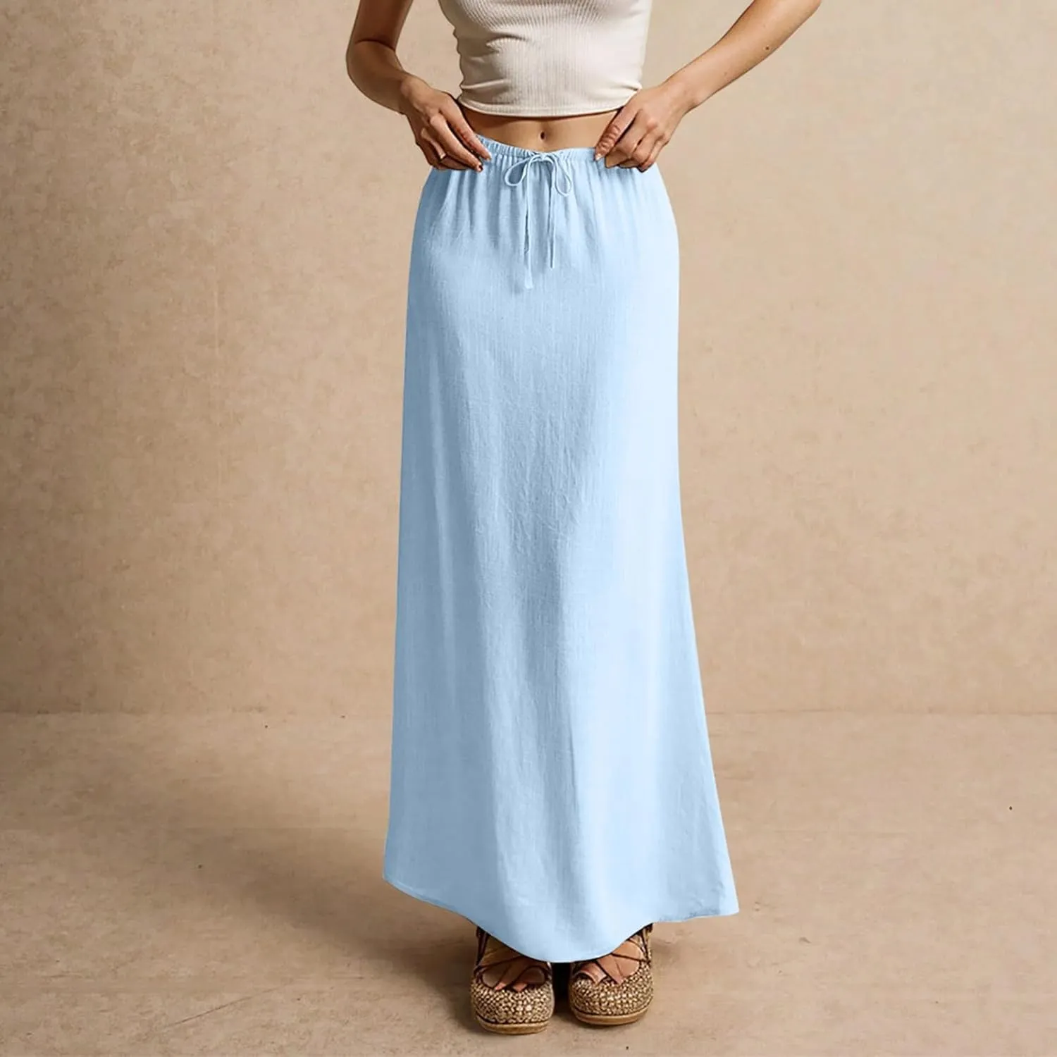 Linen Maxi Skirts for Women Trendy Summer Casual Drawstring Elastic Waist A Line Skirt Boho Beach Long Flowy Skirt