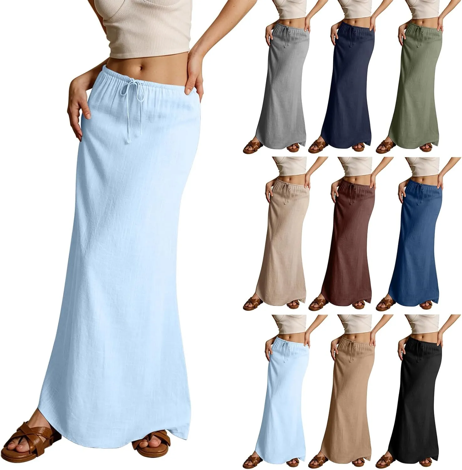 Linen Maxi Skirts for Women Trendy Summer Casual Drawstring Elastic Waist A Line Skirt Boho Beach Long Flowy Skirt