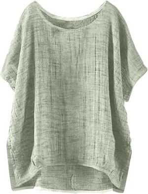 Linen Shirts for Women 2025 Summer Trendy Oversize Crewneck Short Sleeve Cute Tops Casual Loose Fit Comfy Blouses
