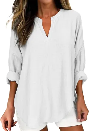 Linen Shirts for Women Summer Notch V Neck Tops Plus Loose Fit 3/4 Long Sleeve Tunic Blouses Casual Tees 2024 Outfits