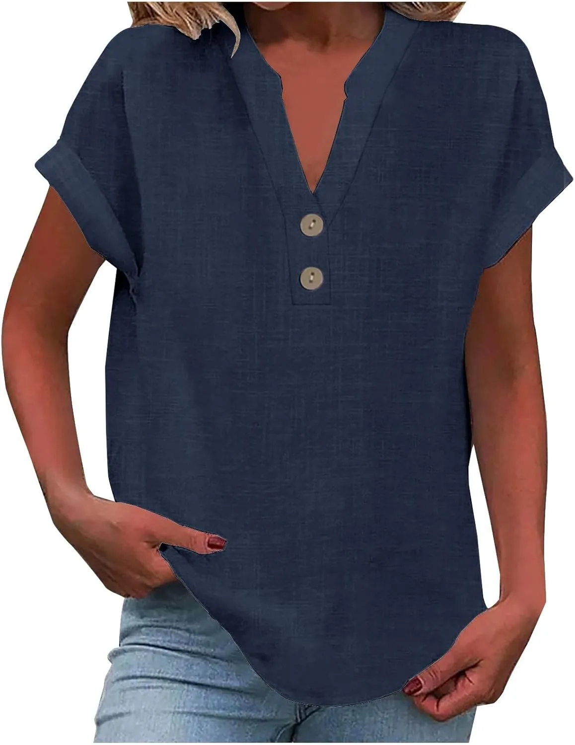 Linen Shirts Women Short Sleeve Summer Tops Casual Button V-Neck Tunic Tee Blouse Work Office T-Shirt Fashion Clothes