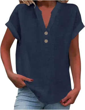 Linen Shirts Women Short Sleeve Summer Tops Casual Button V-Neck Tunic Tee Blouse Work Office T-Shirt Fashion Clothes