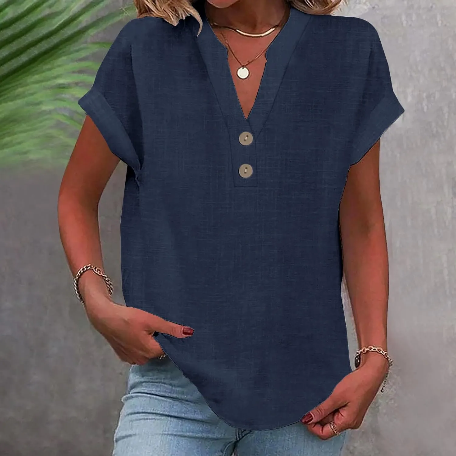 Linen Shirts Women Short Sleeve Summer Tops Casual Button V-Neck Tunic Tee Blouse Work Office T-Shirt Fashion Clothes