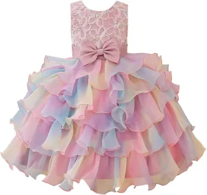 Little Girl Rainbow Tutu Dress Tulle Birthday Pageant Flower Ruffle Party Wedding Formal Princess Ball Gown 2-10 Years