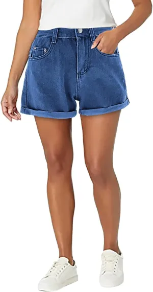 LIXIAO Women's Casual Mid Rise Denim Shorts Stretch Ripped Raw Hem Jean Shorts High Waisted Shorts Women