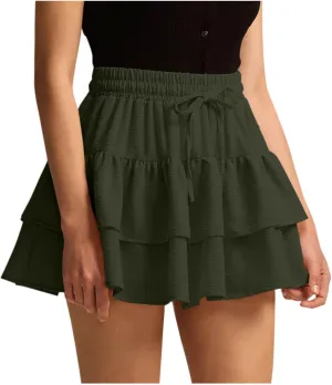 Lmdudan Women Y2K Ruffle Mini Skirt with Inner Shorts High Waist Layered Skorts Casual Summer Elastic Waist Short Skirts