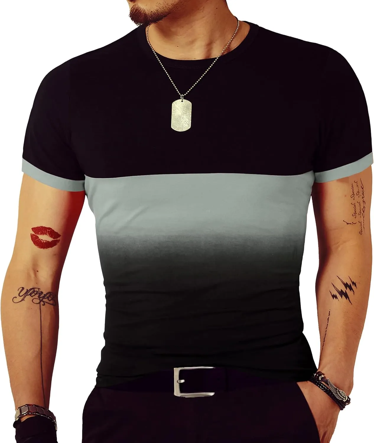 LOGEEYAR Mens Slim Fit T-Shirt Contrast Color Tee Gradient Stitching Short-Sleeve Cotton Tops