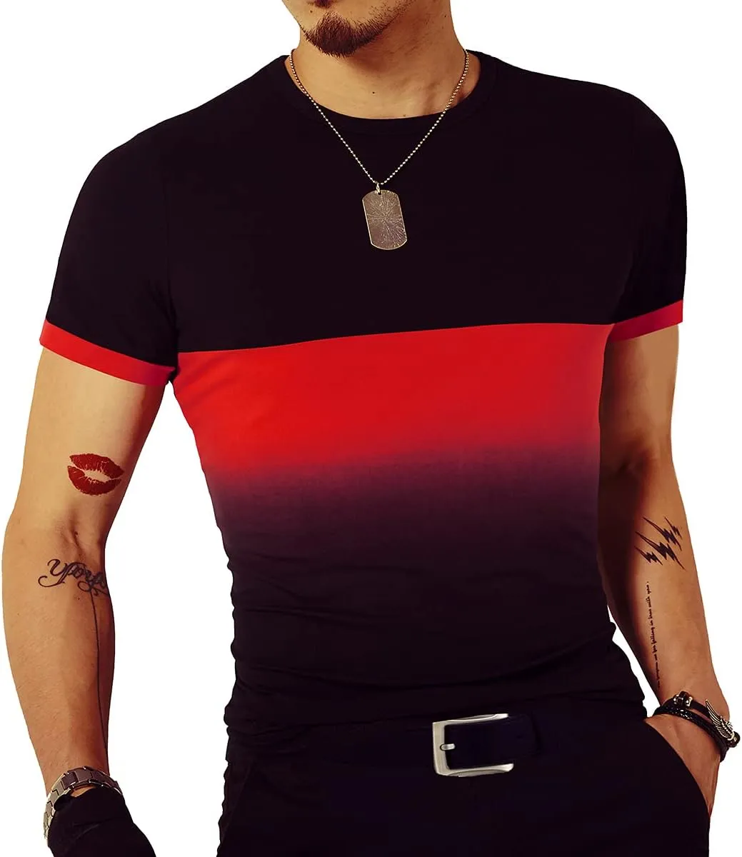 LOGEEYAR Mens Slim Fit T-Shirt Contrast Color Tee Gradient Stitching Short-Sleeve Cotton Tops