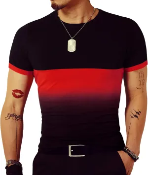 LOGEEYAR Mens Slim Fit T-Shirt Contrast Color Tee Gradient Stitching Short-Sleeve Cotton Tops