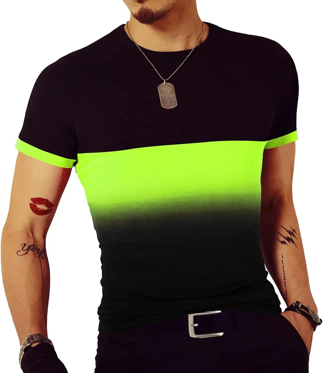 LOGEEYAR Mens Slim Fit T-Shirt Contrast Color Tee Gradient Stitching Short-Sleeve Cotton Tops