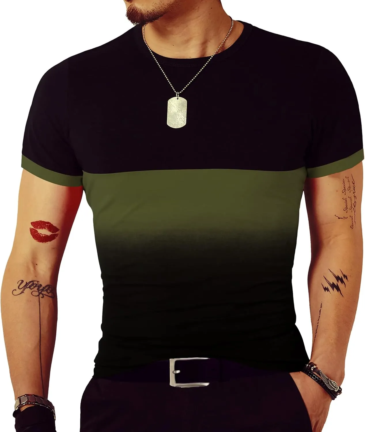 LOGEEYAR Mens Slim Fit T-Shirt Contrast Color Tee Gradient Stitching Short-Sleeve Cotton Tops