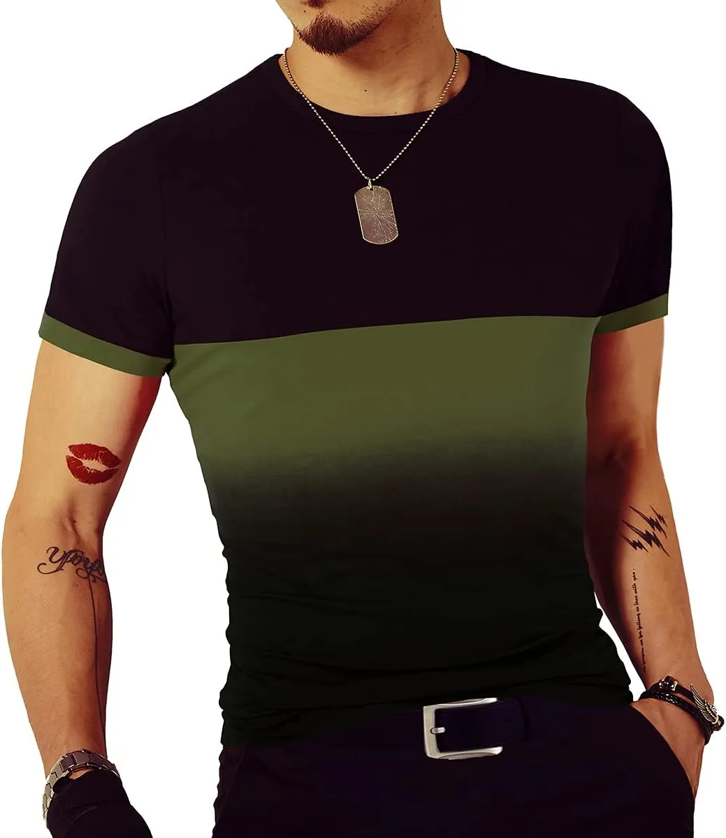 LOGEEYAR Mens Slim Fit T-Shirt Contrast Color Tee Gradient Stitching Short-Sleeve Cotton Tops
