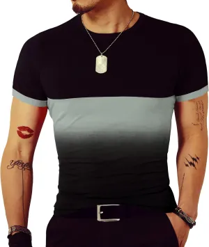 LOGEEYAR Mens Slim Fit T-Shirt Contrast Color Tee Gradient Stitching Short-Sleeve Cotton Tops