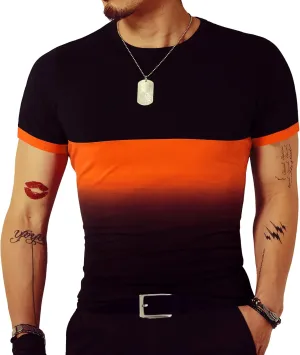 LOGEEYAR Mens Slim Fit T-Shirt Contrast Color Tee Gradient Stitching Short-Sleeve Cotton Tops