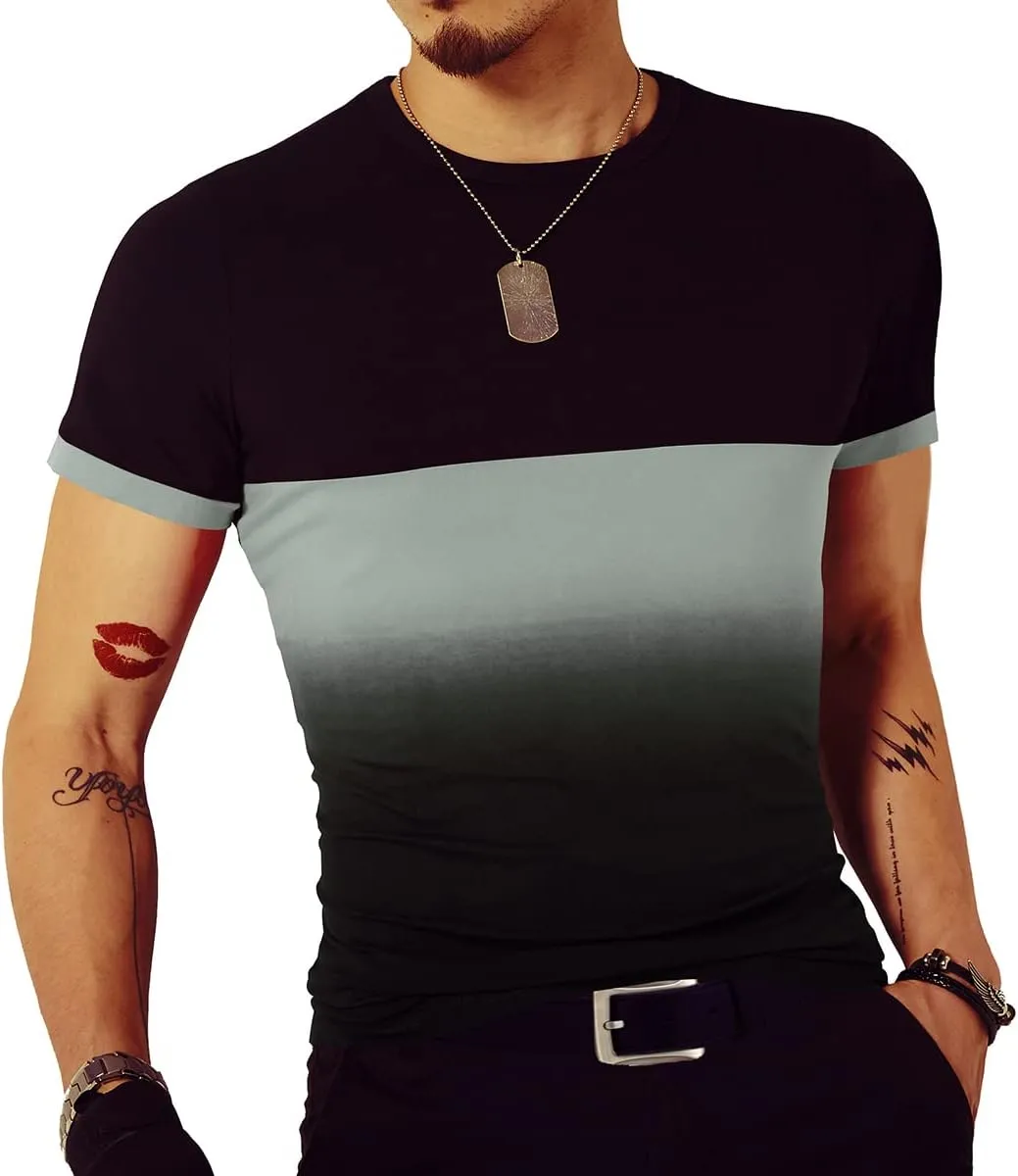 LOGEEYAR Mens Slim Fit T-Shirt Contrast Color Tee Gradient Stitching Short-Sleeve Cotton Tops