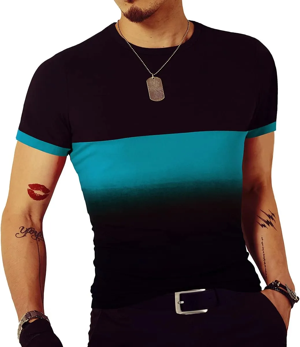 LOGEEYAR Mens Slim Fit T-Shirt Contrast Color Tee Gradient Stitching Short-Sleeve Cotton Tops