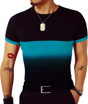 LOGEEYAR Mens Slim Fit T-Shirt Contrast Color Tee Gradient Stitching Short-Sleeve Cotton Tops
