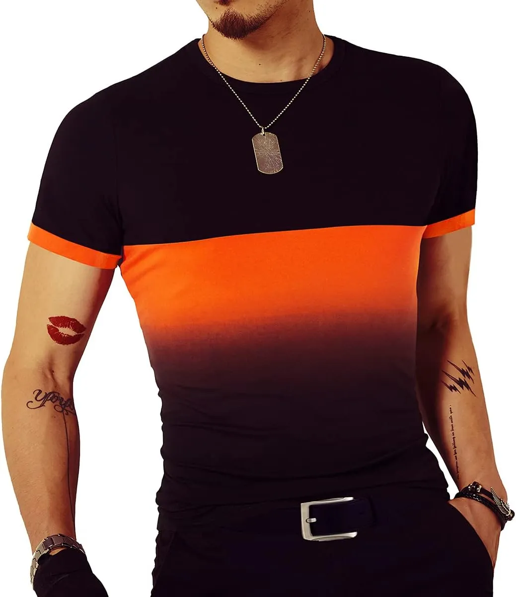 LOGEEYAR Mens Slim Fit T-Shirt Contrast Color Tee Gradient Stitching Short-Sleeve Cotton Tops