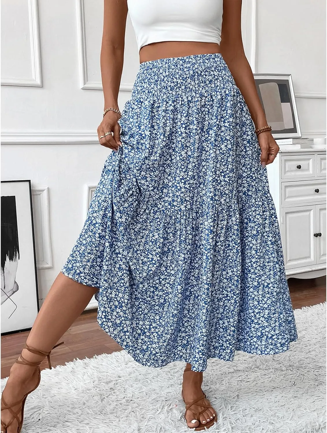 Long Flowy Skirts for Women Boho Chiffon Elastic High Waist Pleated A-Line Flared Maxi Skirt Summer Beach Skirts