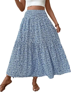 Long Flowy Skirts for Women Boho Chiffon Elastic High Waist Pleated A-Line Flared Maxi Skirt Summer Beach Skirts