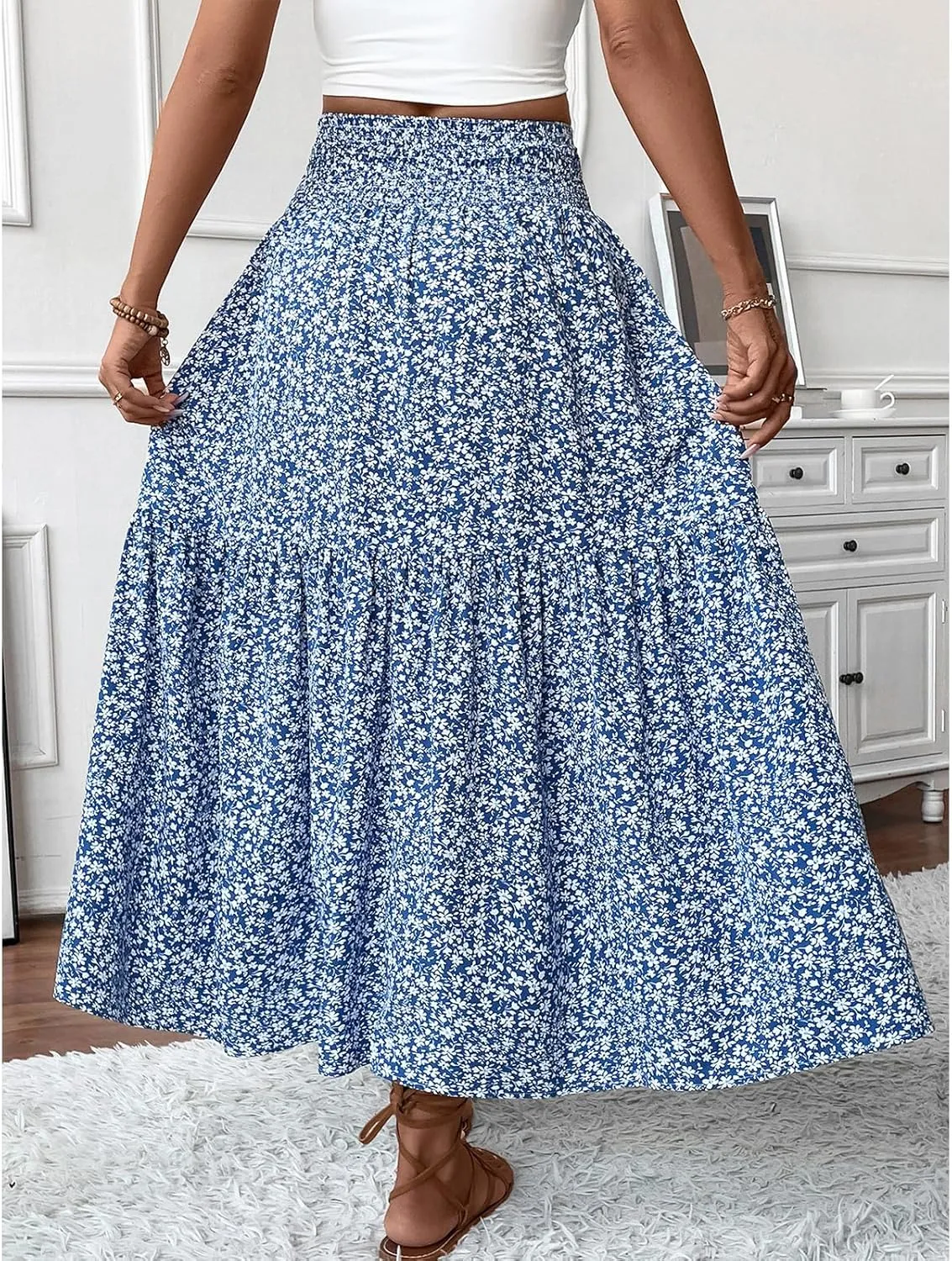 Long Flowy Skirts for Women Boho Chiffon Elastic High Waist Pleated A-Line Flared Maxi Skirt Summer Beach Skirts