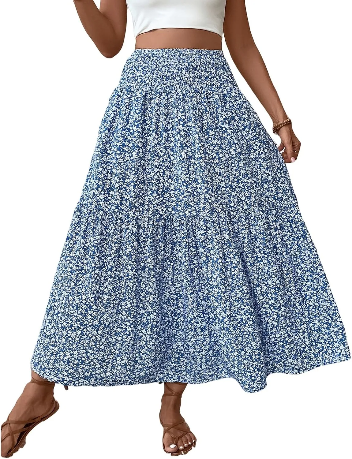 Long Flowy Skirts for Women Boho Chiffon Elastic High Waist Pleated A-Line Flared Maxi Skirt Summer Beach Skirts