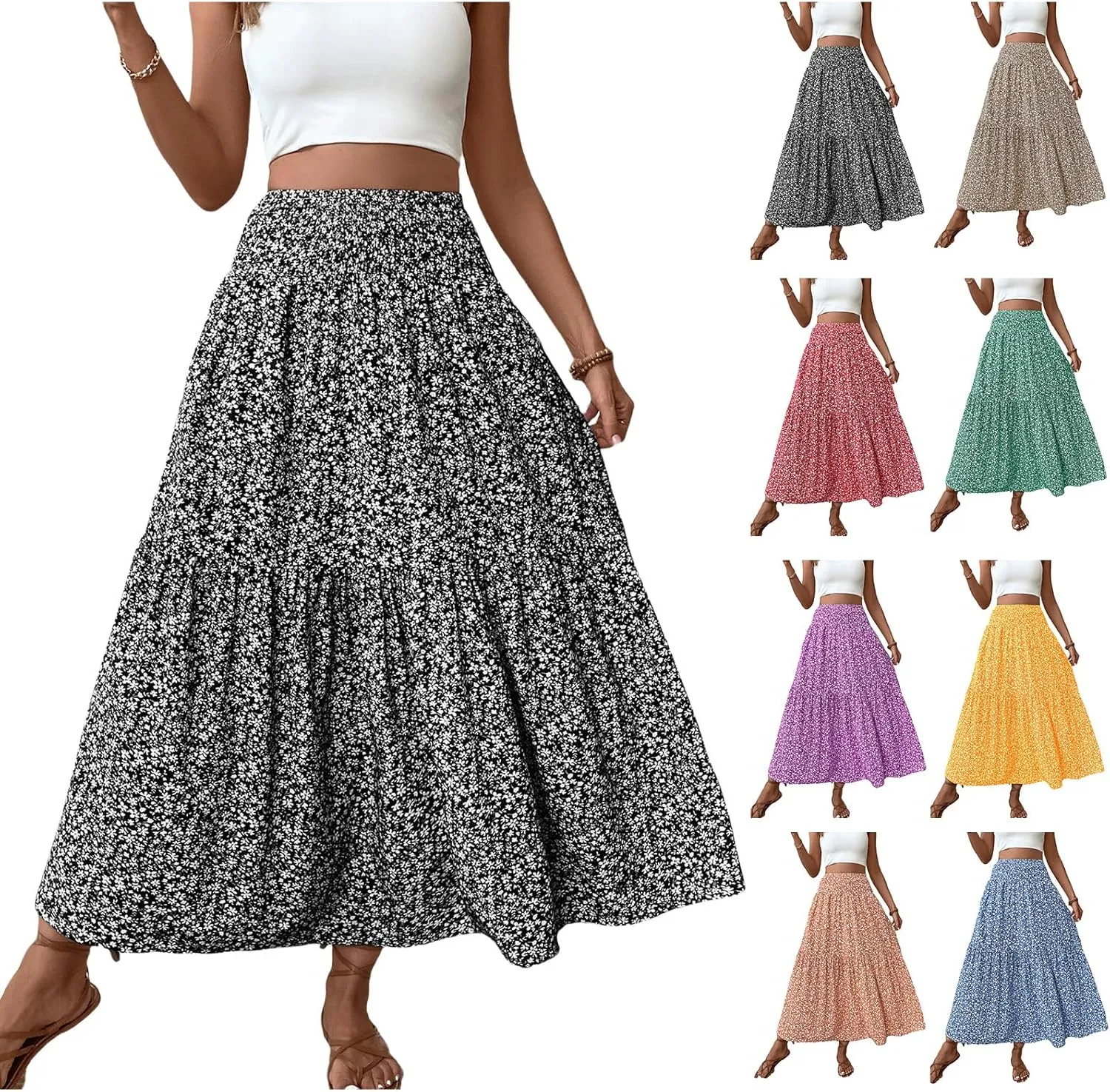 Long Flowy Skirts for Women Boho Chiffon Elastic High Waist Pleated A-Line Flared Maxi Skirt Summer Beach Skirts