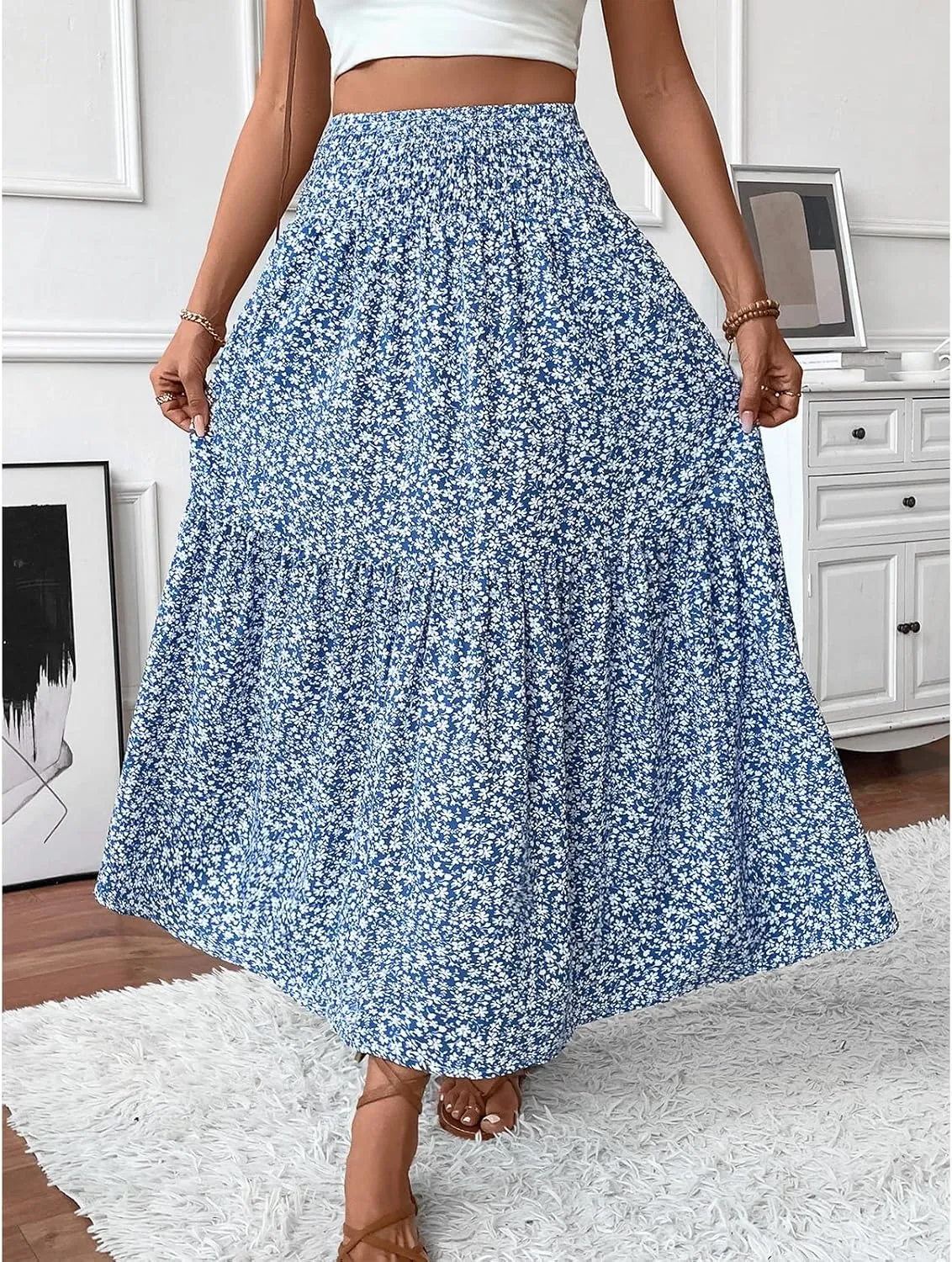 Long Flowy Skirts for Women Boho Chiffon Elastic High Waist Pleated A-Line Flared Maxi Skirt Summer Beach Skirts