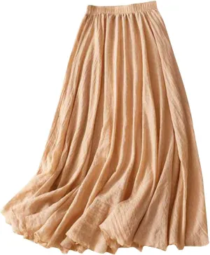 Long Skirts for Women High Elastic Waist Cotton Linen Skirt Casual Comfy Pleated Skirts Fall Fashion Swing Skirt