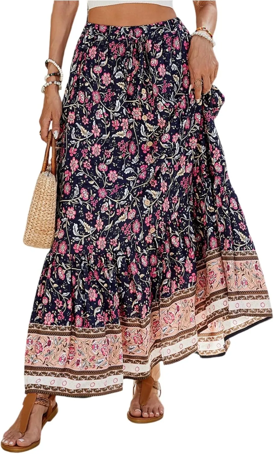 Long Skirts for Women,Wrap Drawstring Tiered Flowy Maxi Skirts 2025 Trendy Side Pockets Boho Skirt Spring Summer