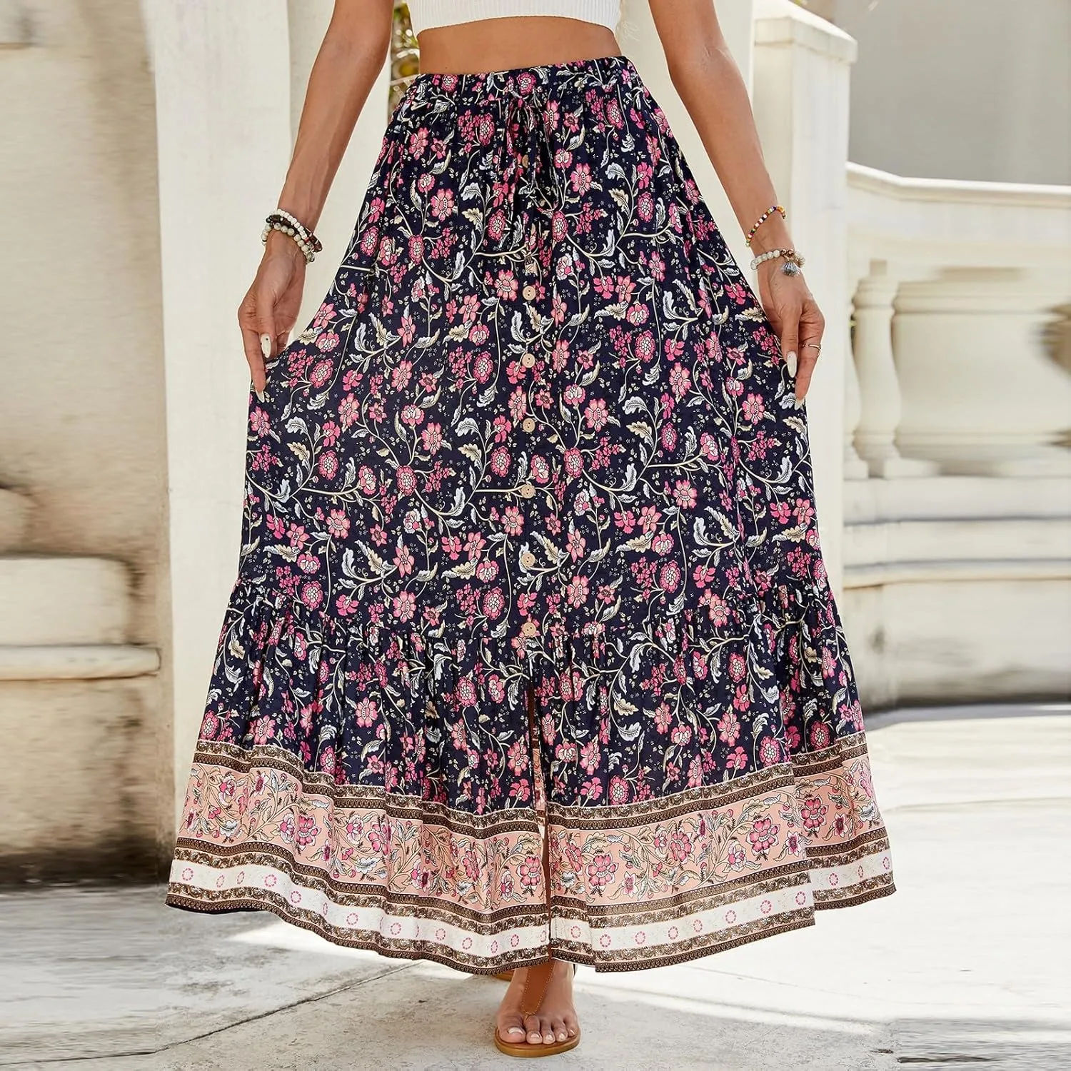 Long Skirts for Women,Wrap Drawstring Tiered Flowy Maxi Skirts 2025 Trendy Side Pockets Boho Skirt Spring Summer
