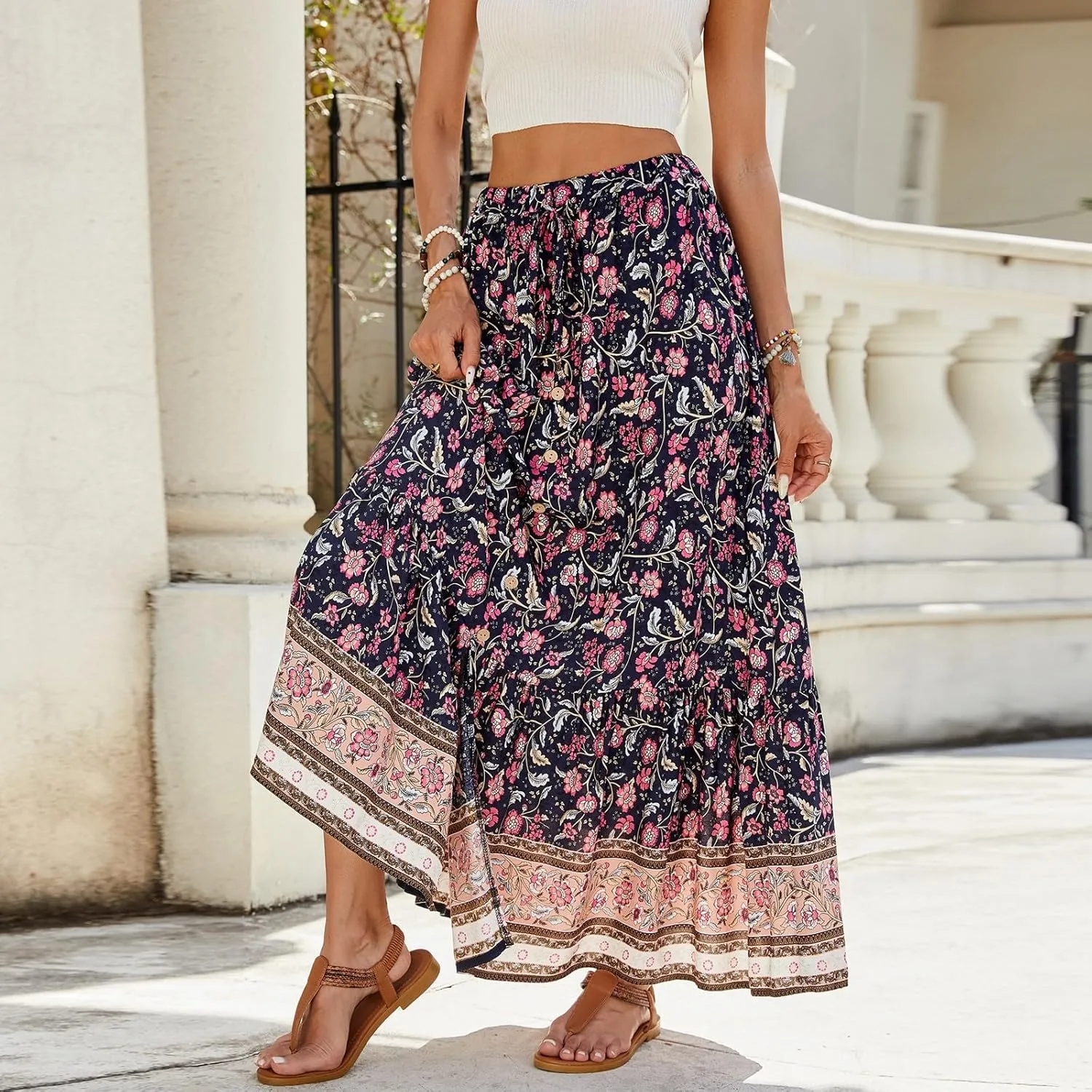 Long Skirts for Women,Wrap Drawstring Tiered Flowy Maxi Skirts 2025 Trendy Side Pockets Boho Skirt Spring Summer