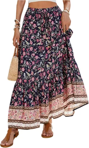 Long Skirts for Women,Wrap Drawstring Tiered Flowy Maxi Skirts 2025 Trendy Side Pockets Boho Skirt Spring Summer