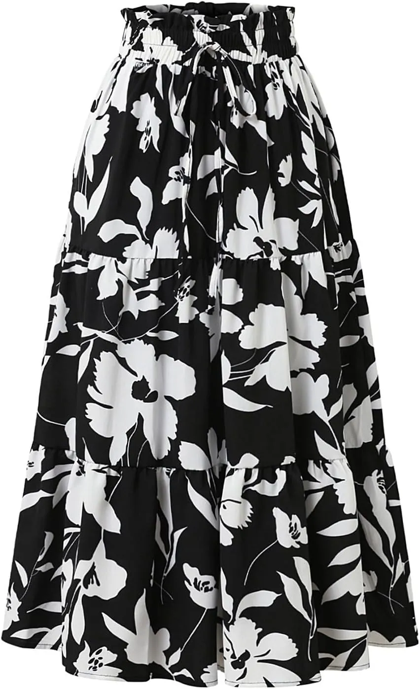 Long Skirt,Trendy Flowy Skirts for Women 2025 Pleated Womens Boho Maxi Skirt with Pockets Elastic High Waisted