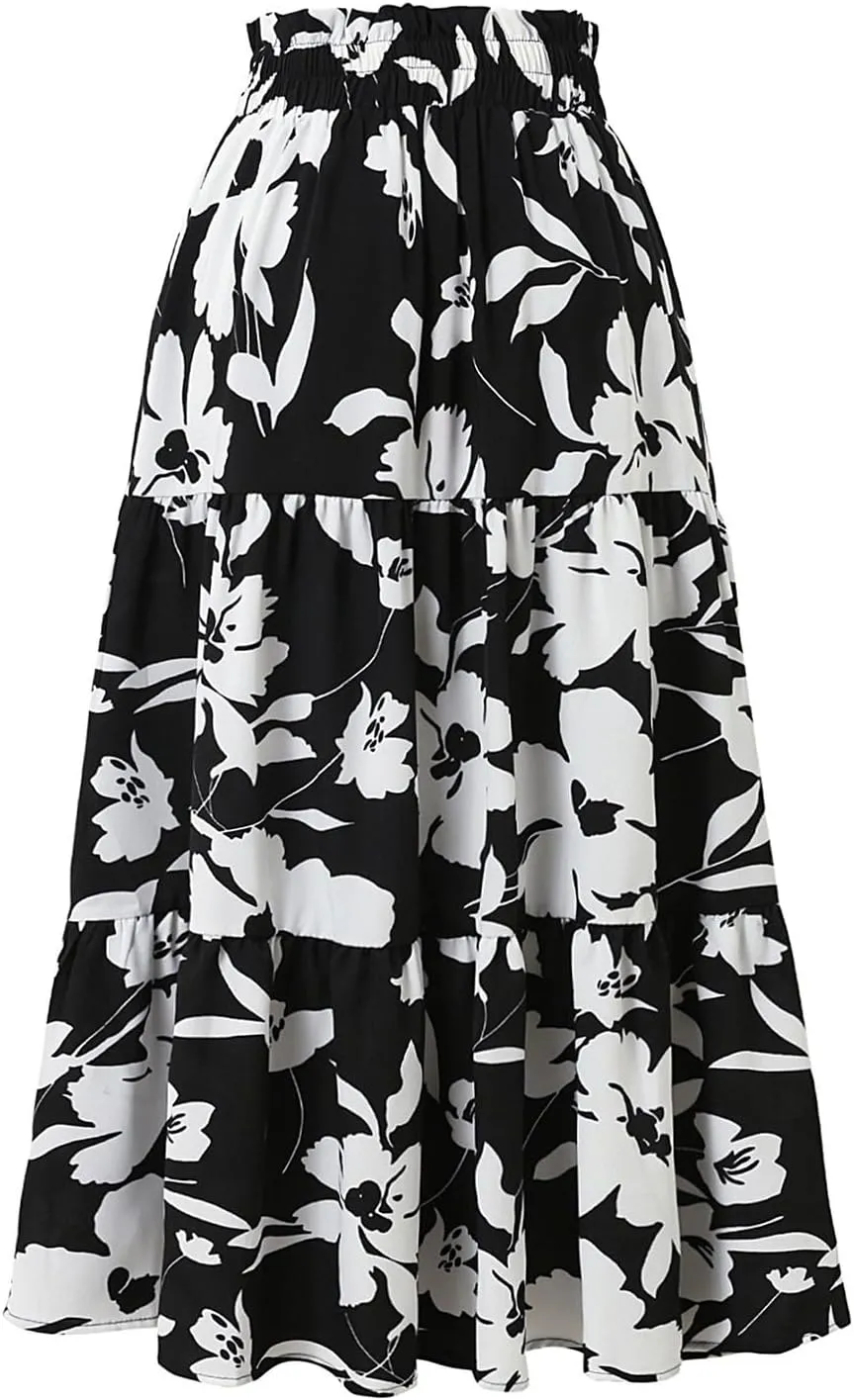 Long Skirt,Trendy Flowy Skirts for Women 2025 Pleated Womens Boho Maxi Skirt with Pockets Elastic High Waisted
