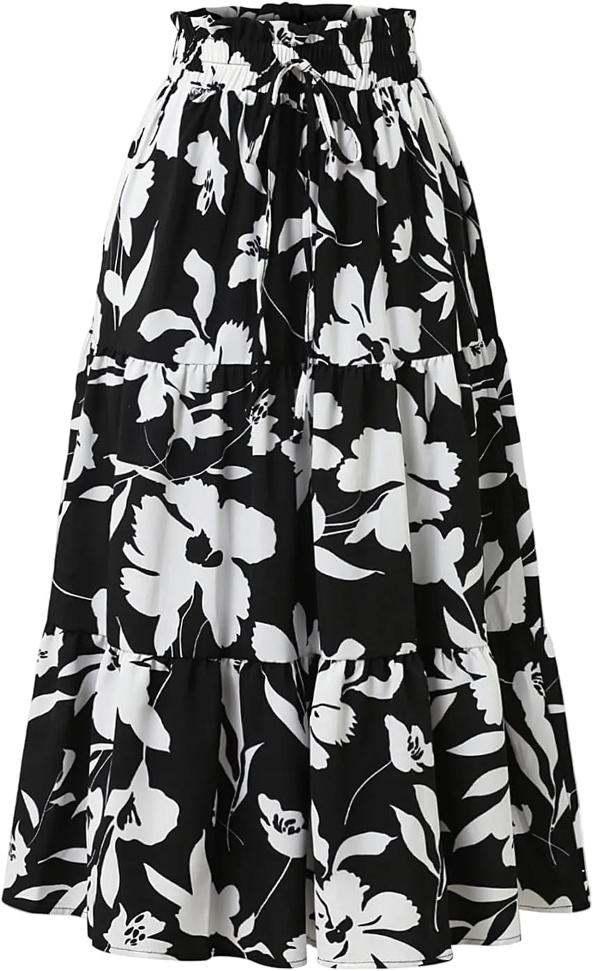 Long Skirt,Trendy Flowy Skirts for Women 2025 Pleated Womens Boho Maxi Skirt with Pockets Elastic High Waisted