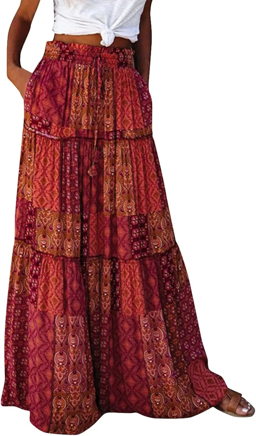 Long Skirt,Womens Boho Maxi Skirt with Pockets Linen Summer Elastic High Waisted Flowy Skirts for Women 2025